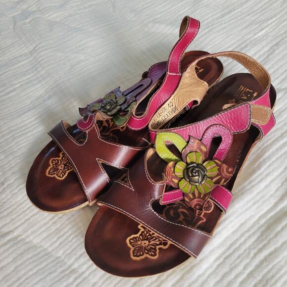 L'Artiste Womens EU 42 US 10 Tooled Leather Sandals Floral Pink Brown Green - Picture 9 of 10
